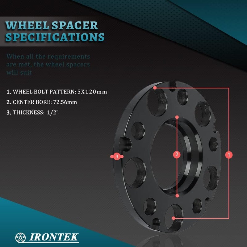 IRONTEK 1/2" (12mm) Thickness 5X120mm Wheel Spacers Hub Bore 72.56mm for BMW Models - 2PCS - Image 3