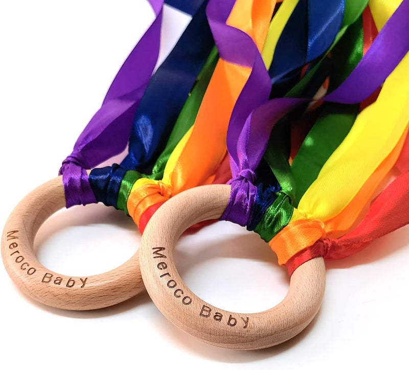 MEROCO Wood Ring Ribbon Rainbow Streamers Hand Kite Beach Activities for Kids Dance Props 2pcs - Image 1