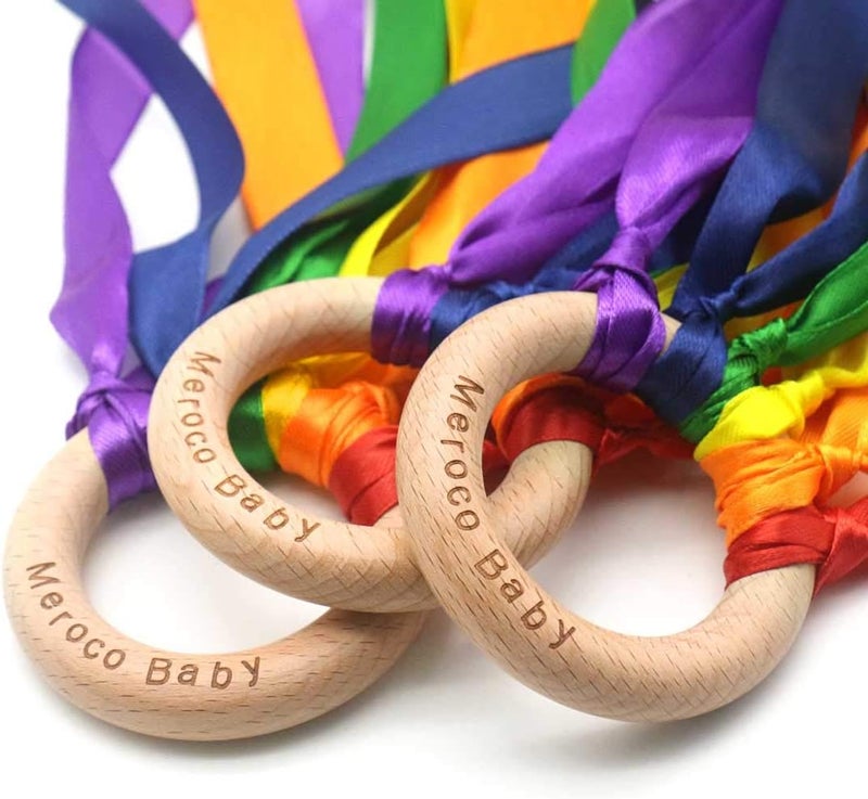 MEROCO Wood Ring Ribbon Rainbow Streamers Hand Kite Beach Activities for Kids Dance Props 2pcs - Image 2