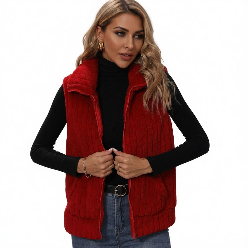 Faux Fur Vest, Striped Zip-Up Sleeveless Jacket, Casual Open Front Design