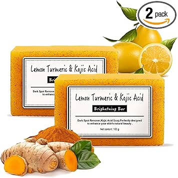 Rccilucki صابون الليمون والكركم وحمض كوجيك 2PCS صابون يدوي الصنع بار صابون نقي للوجه والجسم تنظيف عميق للوجه والجسم وشد المسام وإزالة الصبغات - Image 1