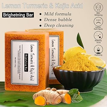 Rccilucki صابون الليمون والكركم وحمض كوجيك 2PCS صابون يدوي الصنع بار صابون نقي للوجه والجسم تنظيف عميق للوجه والجسم وشد المسام وإزالة الصبغات - Image 2