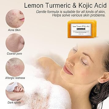 Rccilucki صابون الليمون والكركم وحمض كوجيك 2PCS صابون يدوي الصنع بار صابون نقي للوجه والجسم تنظيف عميق للوجه والجسم وشد المسام وإزالة الصبغات - Image 5