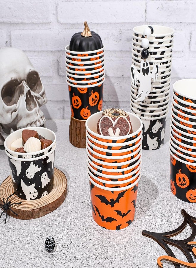 Whaline أكواب الوجبات الخفيفة هالوين من واهلين 60 قطعة بنمط اليقطين والشبح والخفاش، أطباق ورقية قابلة للتصرف سعة 9 أونصات باللون البرتقالي والأسود لأطباق الحلوى والآيس كريم لمناسبة هالوين، 3 أنماط - Image 3