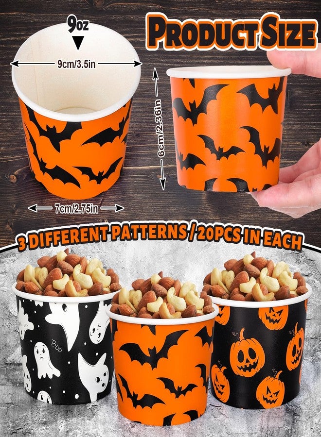 Whaline أكواب الوجبات الخفيفة هالوين من واهلين 60 قطعة بنمط اليقطين والشبح والخفاش، أطباق ورقية قابلة للتصرف سعة 9 أونصات باللون البرتقالي والأسود لأطباق الحلوى والآيس كريم لمناسبة هالوين، 3 أنماط - Image 2