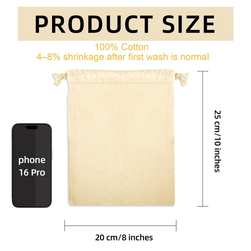 OKBA 12 Pack Cotton Muslin Drawstring Bags 8x10 inch, Reusable Cloth Bags for DIY Tie-Dye Projects, Gift Wrap Bag, Produce and Drawstring Christmas Bag, Eco-Friendly, Lightweight - Image 2