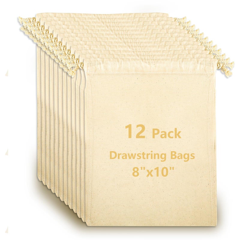 OKBA 12 Pack Cotton Muslin Drawstring Bags 8x10 inch, Reusable Cloth Bags for DIY Tie-Dye Projects, Gift Wrap Bag, Produce and Drawstring Christmas Bag, Eco-Friendly, Lightweight - Image 1
