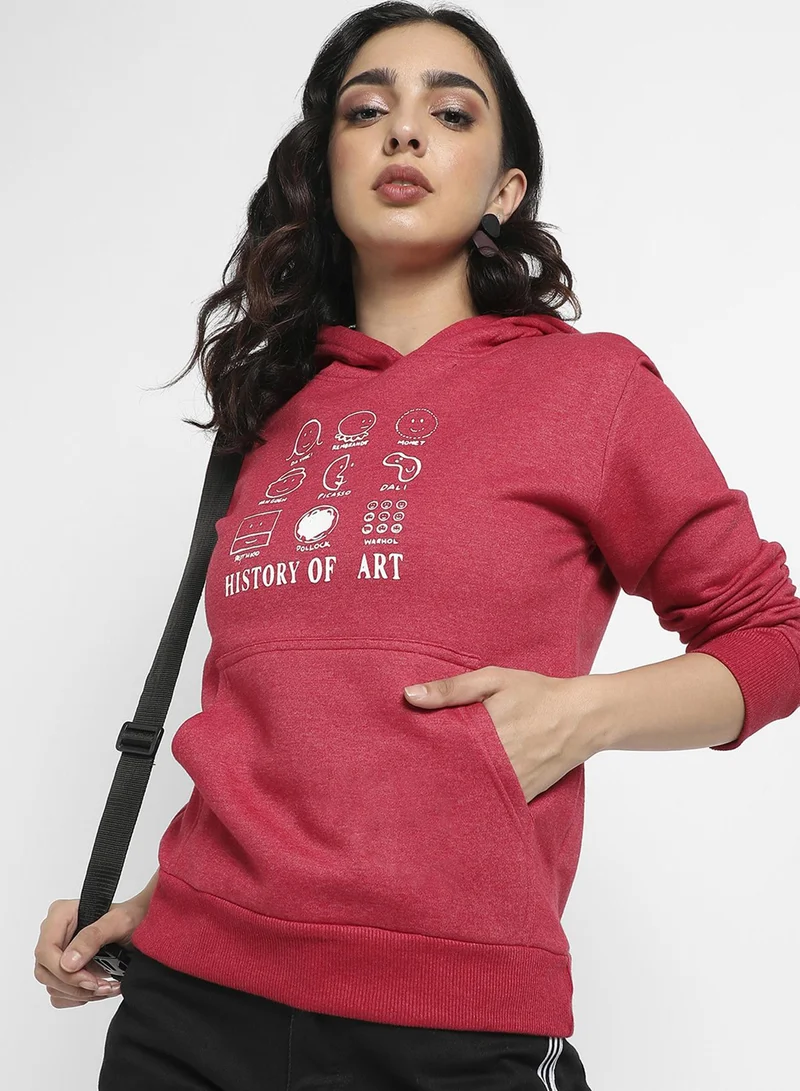 Women's Maroon History Of Art Hoodie With Kangaroo Pockets For Casual Wear | Hood Neck  | Long Sleeve | Drawstring Closure | Cotton Sweatshirt Crafted With Comfort Fit For Everyday Wear