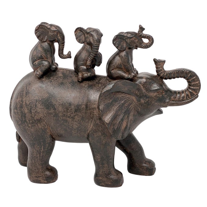 NATURES MARK 8 H 3 BABY ELEPHANTS RIDING AN ELEPHANT RESIN STATUE FIGURINE HOME DECORATIVE ACCENT DECOR BROWN