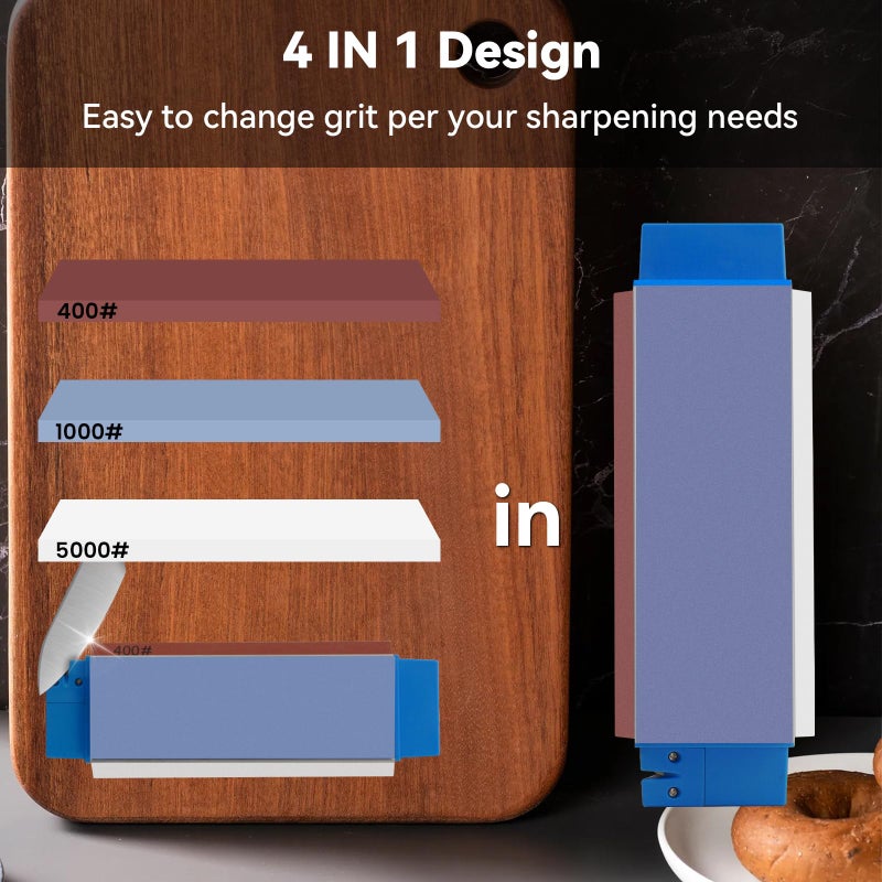 Wanttik Knife Sharpening Stone, 3 Sides Grit 400/1000/5000, Whetstone Knife Sharpener with Non-Slip Base, Angle Guide & Leather Strop, for Kitchen Knives and Pocket Knives and More - Image 3