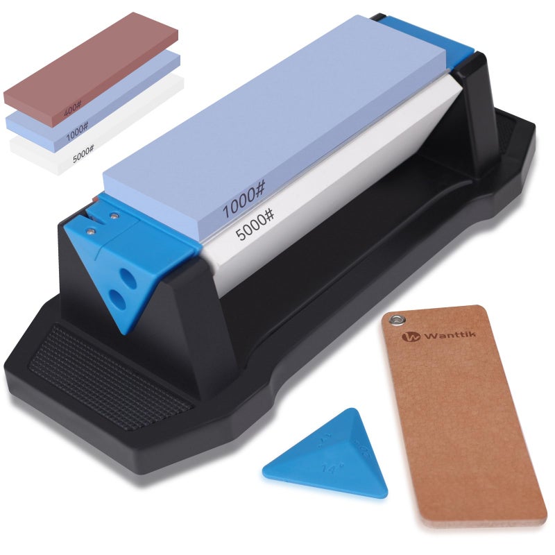 Wanttik Knife Sharpening Stone, 3 Sides Grit 400/1000/5000, Whetstone Knife Sharpener with Non-Slip Base, Angle Guide & Leather Strop, for Kitchen Knives and Pocket Knives and More - Image 1