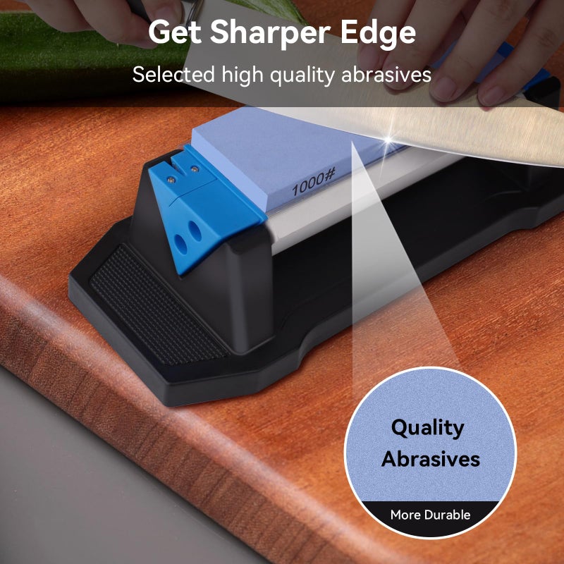 Wanttik Knife Sharpening Stone, 3 Sides Grit 400/1000/5000, Whetstone Knife Sharpener with Non-Slip Base, Angle Guide & Leather Strop, for Kitchen Knives and Pocket Knives and More - Image 2