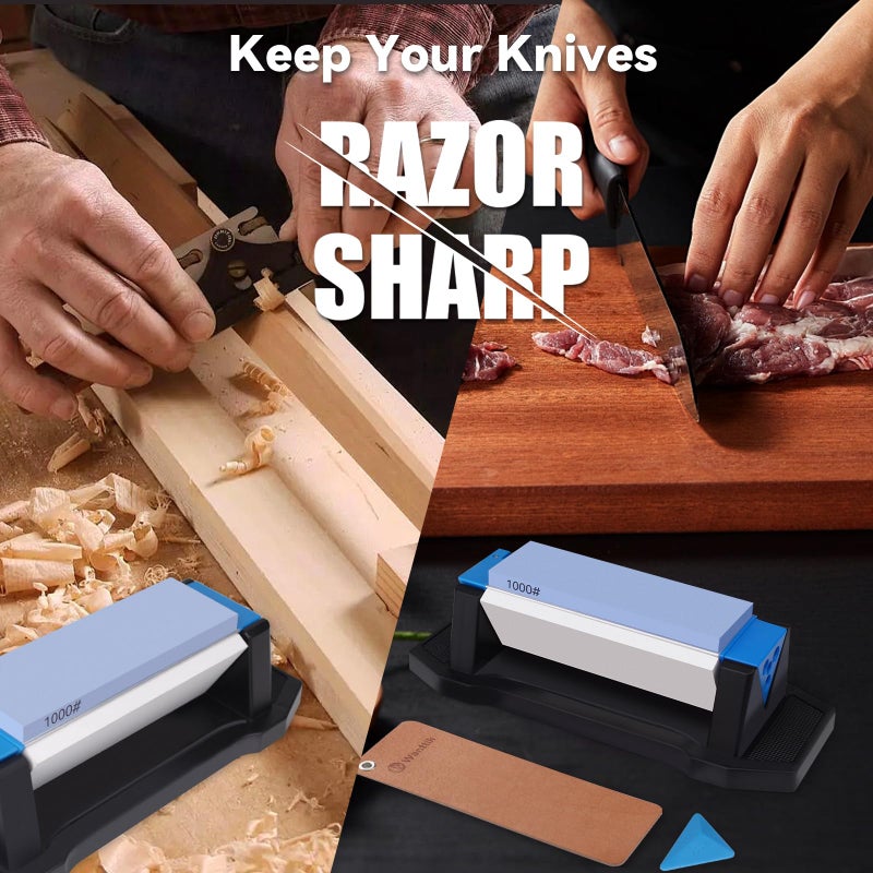 Wanttik Knife Sharpening Stone, 3 Sides Grit 400/1000/5000, Whetstone Knife Sharpener with Non-Slip Base, Angle Guide & Leather Strop, for Kitchen Knives and Pocket Knives and More - Image 5