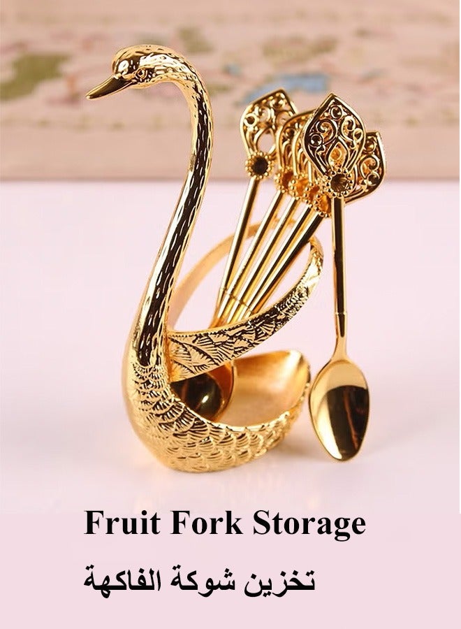 Fruit Fork Storage with 6 Spoons, Swan Base Holder Set, Coffee Dessert Spoon Set with Base Holder,  Kitchen Utensils, Spoon Organizer, Creative Metal Swan Base Holder, Metal Craft Tableware Set, Cygnus Storage Shelf, Small Delicate Spoons for Coffee Fruit Dessert Ice Cream Cake, Comfortable Handle, Convenient Storage and Serving,  Convey Exquisite Life(Gold)  - Image 1