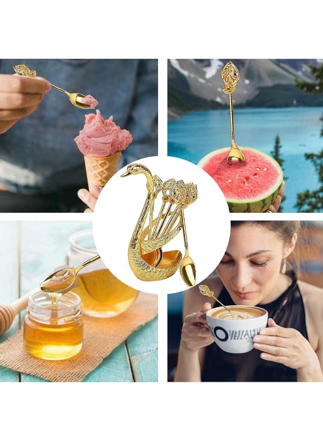 Fruit Fork Storage with 6 Spoons, Swan Base Holder Set, Coffee Dessert Spoon Set with Base Holder,  Kitchen Utensils, Spoon Organizer, Creative Metal Swan Base Holder, Metal Craft Tableware Set, Cygnus Storage Shelf, Small Delicate Spoons for Coffee Fruit Dessert Ice Cream Cake, Comfortable Handle, Convenient Storage and Serving,  Convey Exquisite Life(Gold)  - Image 3