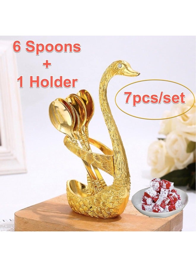 Fruit Fork Storage with 6 Spoons, Swan Base Holder Set, Coffee Dessert Spoon Set with Base Holder,  Kitchen Utensils, Spoon Organizer, Creative Metal Swan Base Holder, Metal Craft Tableware Set, Cygnus Storage Shelf, Small Delicate Spoons for Coffee Fruit Dessert Ice Cream Cake, Comfortable Handle, Convenient Storage and Serving,  Convey Exquisite Life(Gold)  - Image 4
