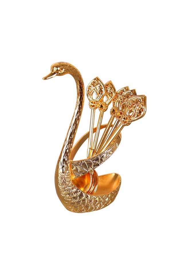 Coffee Spoon Set, Swan Base Coffee Spoon Holder Set with 6 Spoons, Coffee Dessert Spoon Set Fruit Fork Storage, Coffee Spoon Organizer, Dessert Flatware Set Small Delicate Spoons for Coffee Dessert Ice Cream , Convey Exquisite Life,Gold - Image 1
