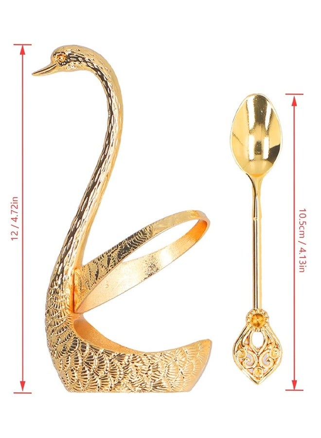 Coffee Spoon Set, Swan Base Coffee Spoon Holder Set with 6 Spoons, Coffee Dessert Spoon Set Fruit Fork Storage, Coffee Spoon Organizer, Dessert Flatware Set Small Delicate Spoons for Coffee Dessert Ice Cream , Convey Exquisite Life,Gold - Image 2