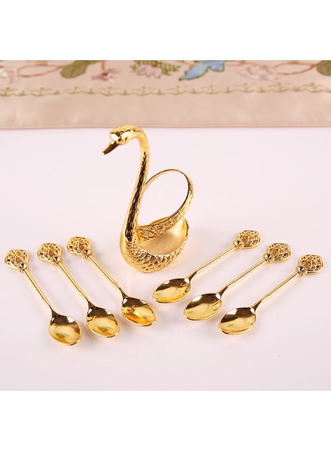 Coffee Spoon Set, Swan Base Coffee Spoon Holder Set with 6 Spoons, Coffee Dessert Spoon Set Fruit Fork Storage, Coffee Spoon Organizer, Dessert Flatware Set Small Delicate Spoons for Coffee Dessert Ice Cream , Convey Exquisite Life,Gold - Image 3