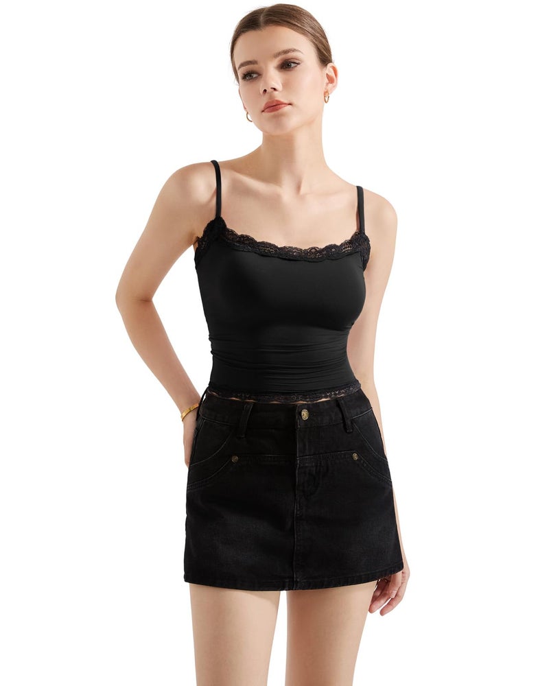 SUUKSESS Women Lace Double Lined Sexy Camisole Tops Spaghetti Strap Y2k Going Out Tank Tops (Jet Black, S) - Image 2