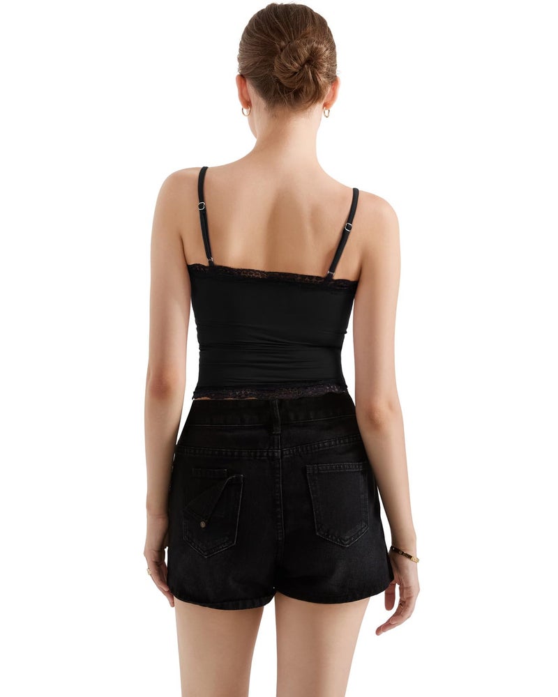 SUUKSESS Women Lace Double Lined Sexy Camisole Tops Spaghetti Strap Y2k Going Out Tank Tops (Jet Black, S) - Image 4