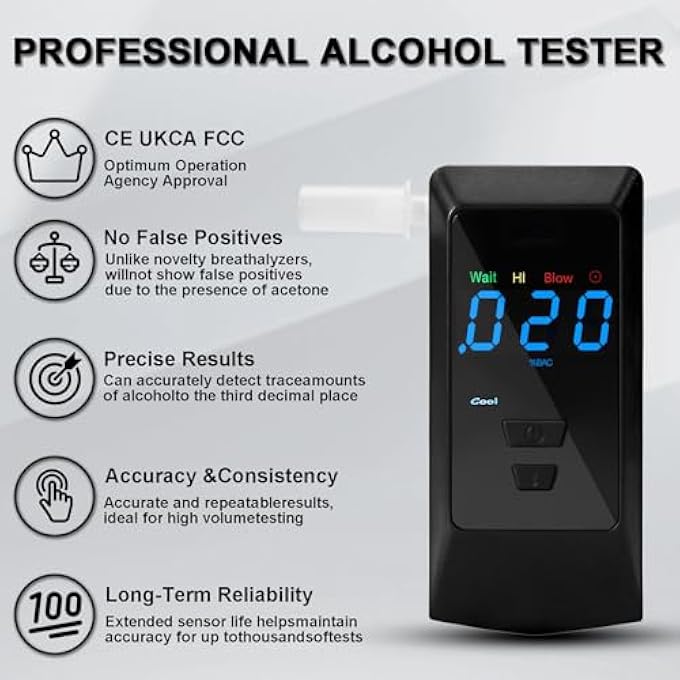rayihni Homcocie Breathalyzer Portable Breathalyzer with USB Rechargeable Device, Professional Breathalyzer with 8 Mouthpieces for Personal and Professional Use - Image 3