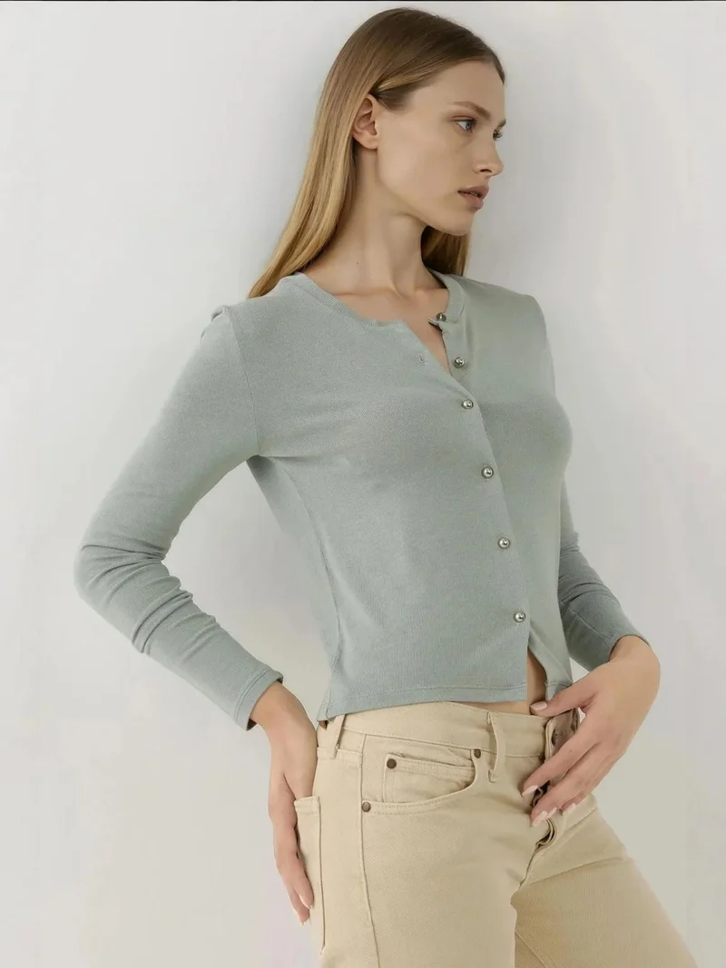 HICCUP Buttoned Crew Neck Long Sleeve Top Busem Collection