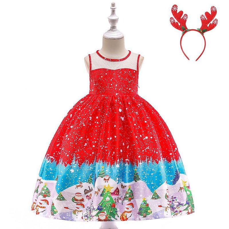 Girls Christmas Dress Christmas Dress Party Costume Childrens Cos Santa Claus Costume Princess Dress SD042H-Red (with headband)