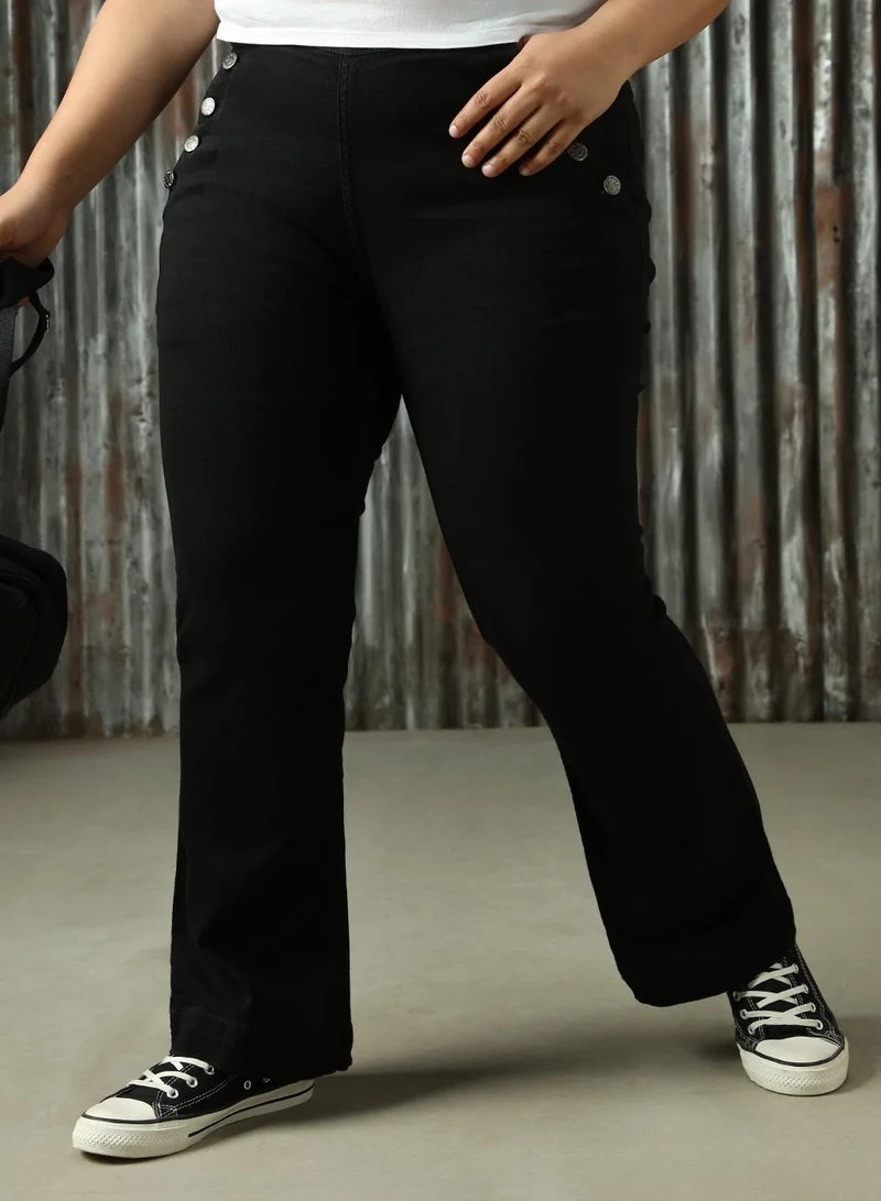 HIGH STAR Women's Black Cotton Blend Solid Plus Size Jeans