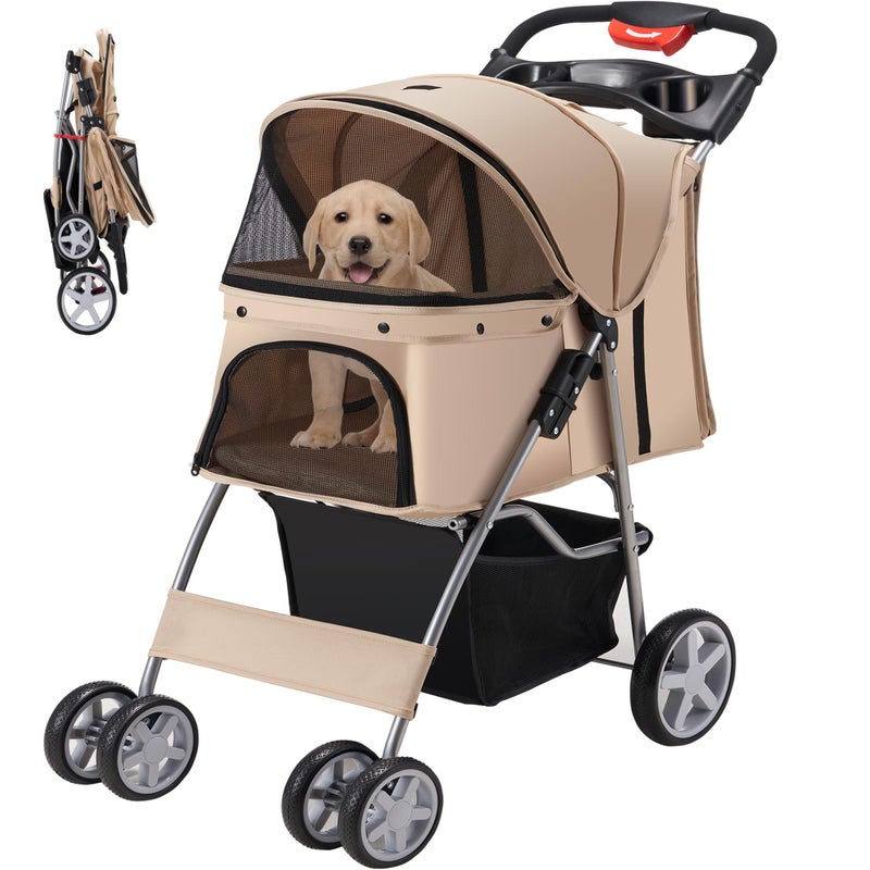 Azaeahom Pet Stroller, 4 Wheels Pet Strolling Cart for Medium/Small Dogs and Cats, Foldable Cat Jogger/Dog Stroller with Cup Holder, Storage Basket, Breathable Mesh, All-Season Pet Carrier, Khaki - Image 1