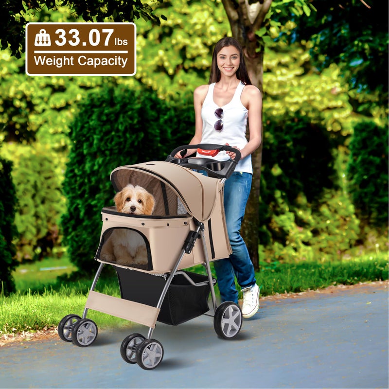 Azaeahom Pet Stroller, 4 Wheels Pet Strolling Cart for Medium/Small Dogs and Cats, Foldable Cat Jogger/Dog Stroller with Cup Holder, Storage Basket, Breathable Mesh, All-Season Pet Carrier, Khaki - Image 3
