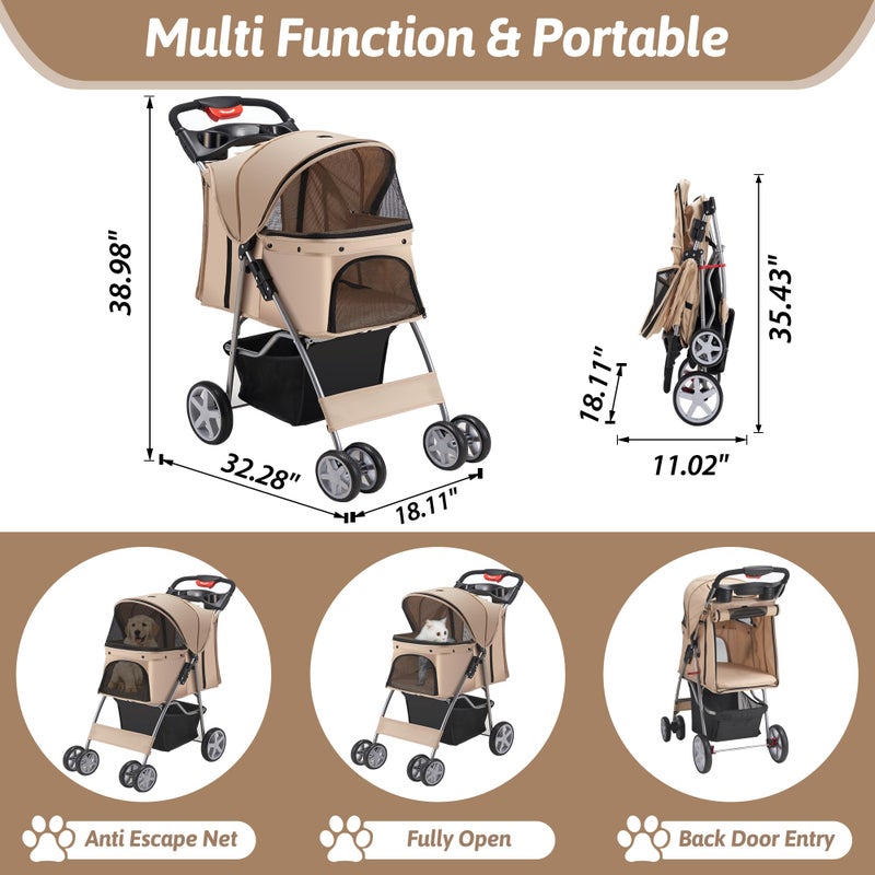 Azaeahom Pet Stroller, 4 Wheels Pet Strolling Cart for Medium/Small Dogs and Cats, Foldable Cat Jogger/Dog Stroller with Cup Holder, Storage Basket, Breathable Mesh, All-Season Pet Carrier, Khaki - Image 2