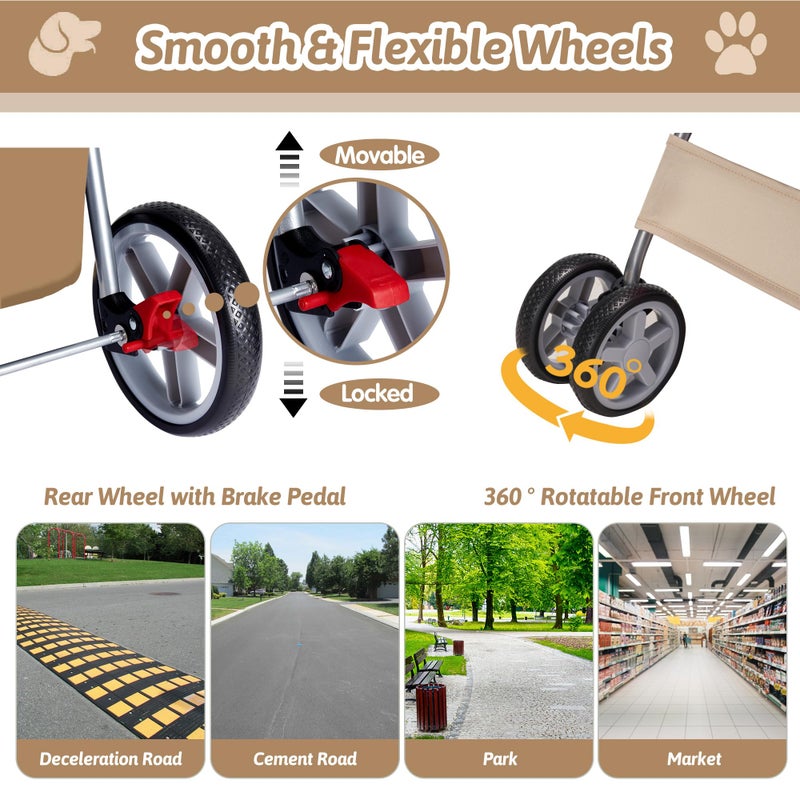 Azaeahom Pet Stroller, 4 Wheels Pet Strolling Cart for Medium/Small Dogs and Cats, Foldable Cat Jogger/Dog Stroller with Cup Holder, Storage Basket, Breathable Mesh, All-Season Pet Carrier, Khaki - Image 5
