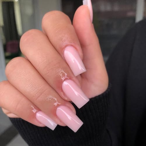 KQueenest Light Pink Press on Nails Long Medium Sheer Pastel Pink Fake Nails Press ons Glossy Soft Gel Glue on Nails Medium Coffin Reusable Opaque Square Tip Stick on Nail for Women 24 Pcs - Image 3