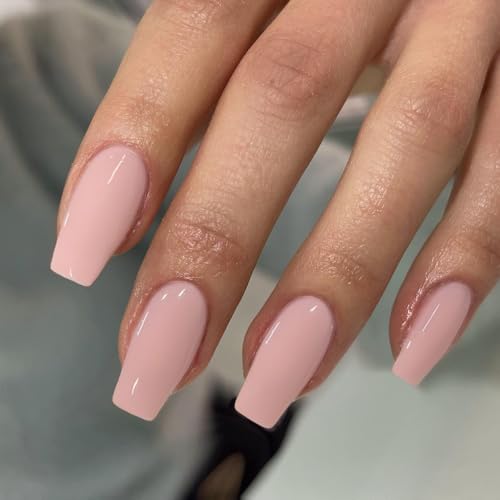 KQueenest Light Pink Press on Nails Long Medium Sheer Pastel Pink Fake Nails Press ons Glossy Soft Gel Glue on Nails Medium Coffin Reusable Opaque Square Tip Stick on Nail for Women 24 Pcs - Image 1