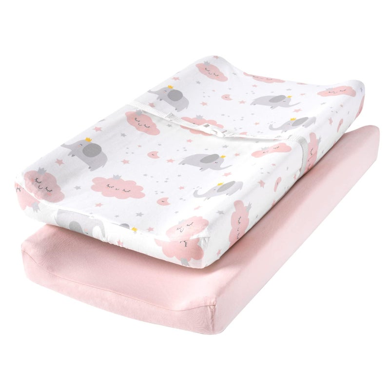 TILLYOU Changing Pad Cover Set in Soft Jersey Material - Fits 32"/34''x16 Contoured Pad for Babies,Elephant & Cloud, Pink - Image 1
