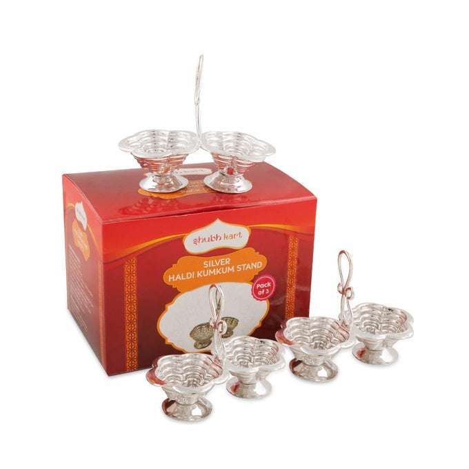 SILVER PLATED HALDI KUMKUM HOLDERSTAND SET FOR PUJA HOME OFFICE DECOR DIWALI GIFT RAKSHABANDHAN FESTIVE GIFT PACK OF 3 SMALL
