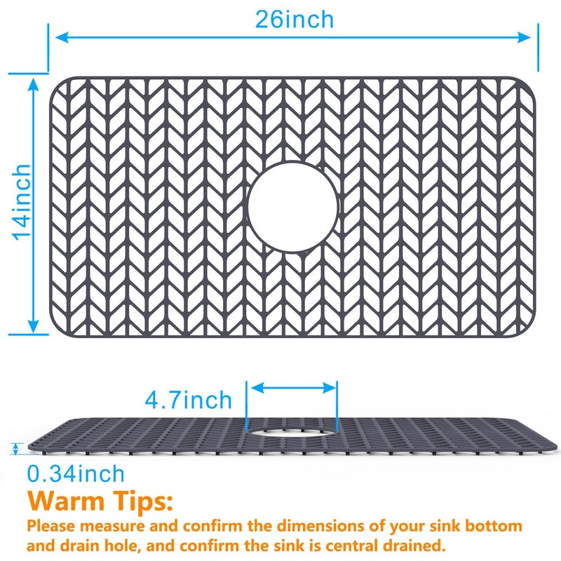 Jiubar Sink Protectors For Kitchen Sink |16 ""18 ""19 ""24 ""26 ""28 ""29 ""Silicone Sink Mat| Silicone Kitchen Sink Mat Grid For Bottom Of Farmhouse Stainless Steel Porcelain Sink(26 ""X 14 "" Center Drain Gray) - Image 2