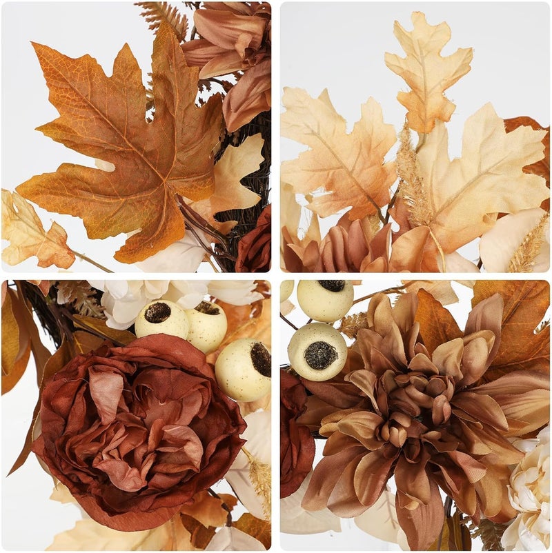 GnFlus 24 Inch Fall Brown Wreaths for Front Door Outside Autumn Wreath with Artificial Dahlia, Chrysanthemum, Rose, Berries & Leaves – Fall Door Wreath for Outdoor Indoor Thanksgiving Decor Terracotta - Image 4