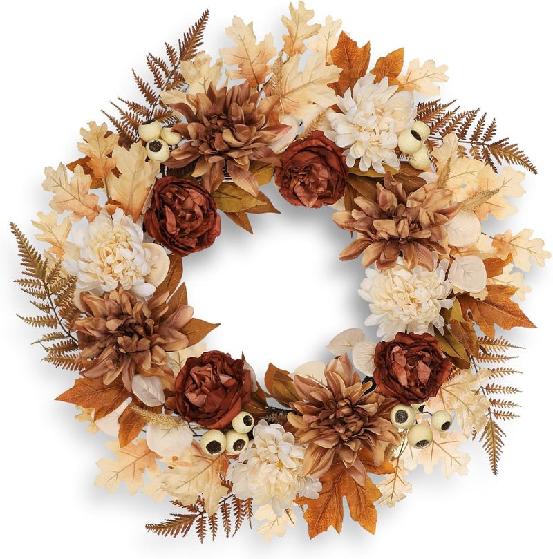 GnFlus 24 Inch Fall Brown Wreaths for Front Door Outside Autumn Wreath with Artificial Dahlia, Chrysanthemum, Rose, Berries & Leaves – Fall Door Wreath for Outdoor Indoor Thanksgiving Decor Terracotta - Image 1