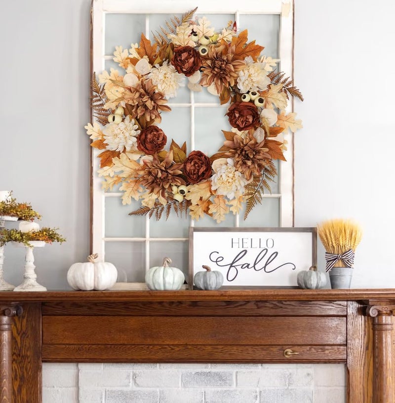 GnFlus 24 Inch Fall Brown Wreaths for Front Door Outside Autumn Wreath with Artificial Dahlia, Chrysanthemum, Rose, Berries & Leaves – Fall Door Wreath for Outdoor Indoor Thanksgiving Decor Terracotta - Image 2