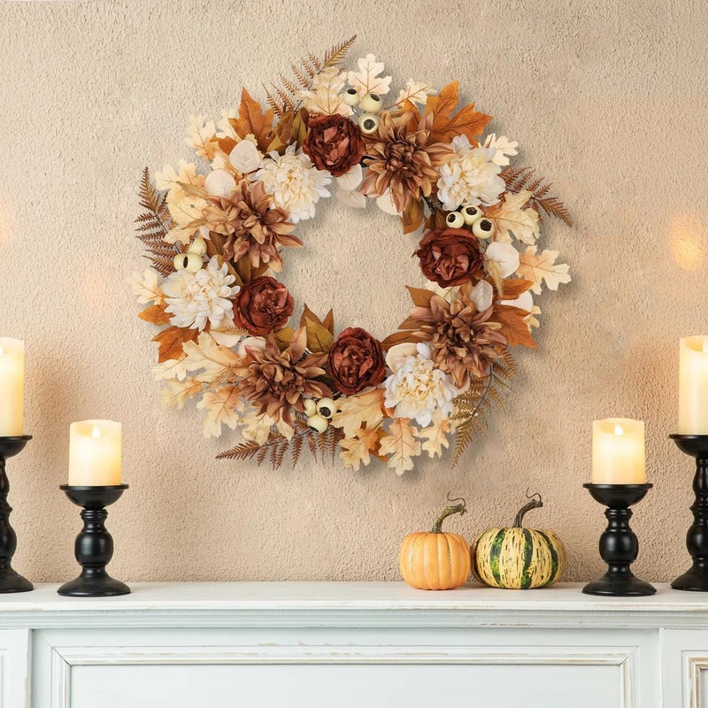 GnFlus 24 Inch Fall Brown Wreaths for Front Door Outside Autumn Wreath with Artificial Dahlia, Chrysanthemum, Rose, Berries & Leaves – Fall Door Wreath for Outdoor Indoor Thanksgiving Decor Terracotta - Image 5