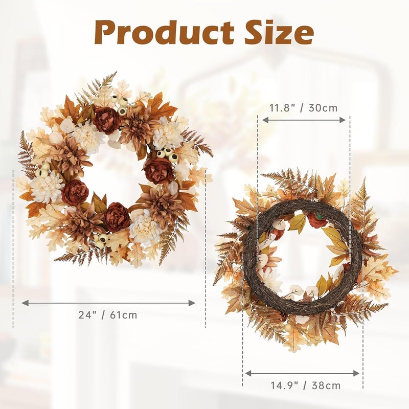 GnFlus 24 Inch Fall Brown Wreaths for Front Door Outside Autumn Wreath with Artificial Dahlia, Chrysanthemum, Rose, Berries & Leaves – Fall Door Wreath for Outdoor Indoor Thanksgiving Decor Terracotta - Image 3