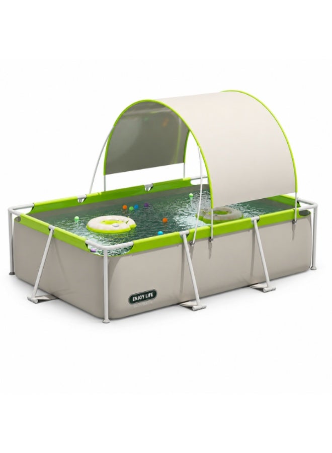 مسبح عائلي مستطيل بإطار معدني ومظلة شمسية ، سعة 990 لتر، 190 × 130 × 60 سم، رمادي وأخضر - Image 1