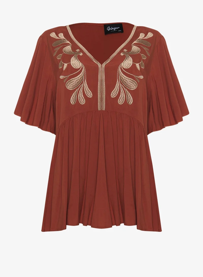 Ginger Plus V Neck Boho Embroidered Top