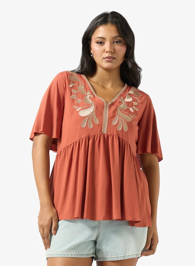 Ginger Plus V Neck Boho Embroidered Top