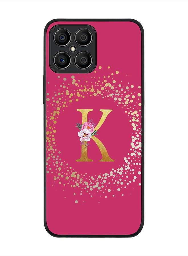Rugged Black edge case for Honor X8, Slim fit Rubber Edges Thin Cover -  Custom Monogram Initial Letter Floral Pattern Alphabet - K  (Dark Pink Rose )