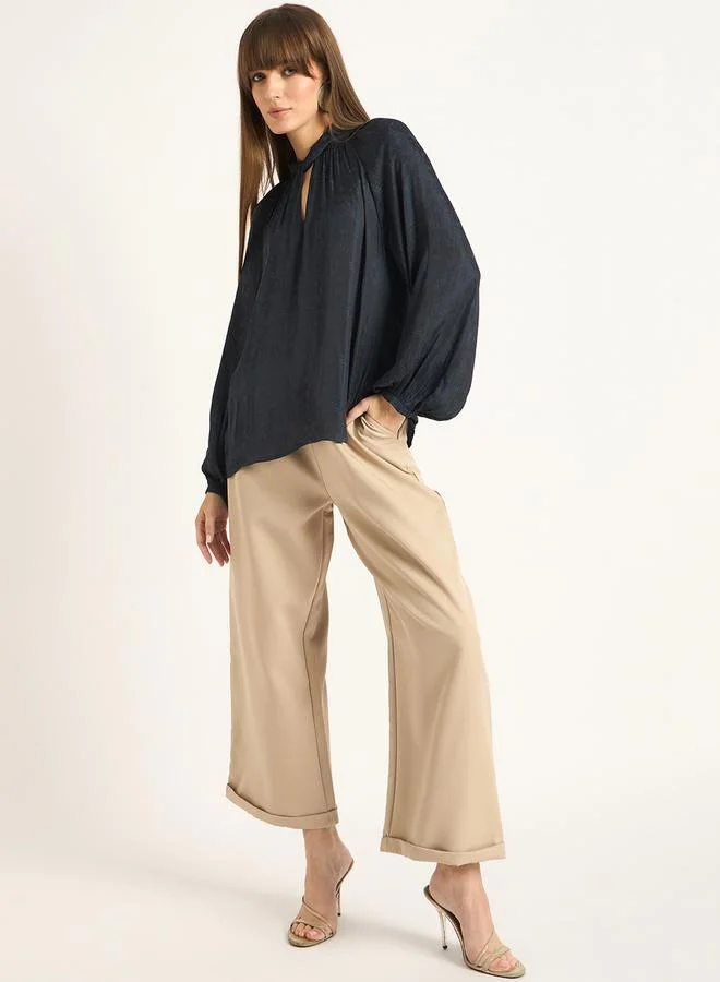 Femmella Femmella Satin Keyhole Neck Balloon Sleeve Top