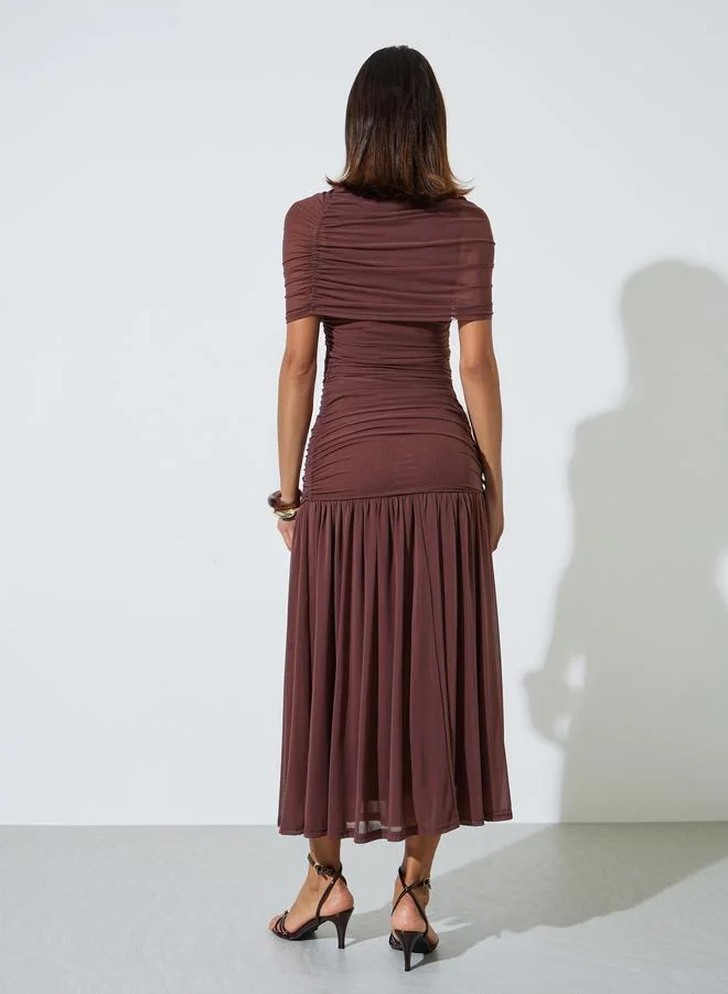 Styli mocha Brown Mesh Drop Waist A-Line Maxi Dress for Women | Best Price UAE