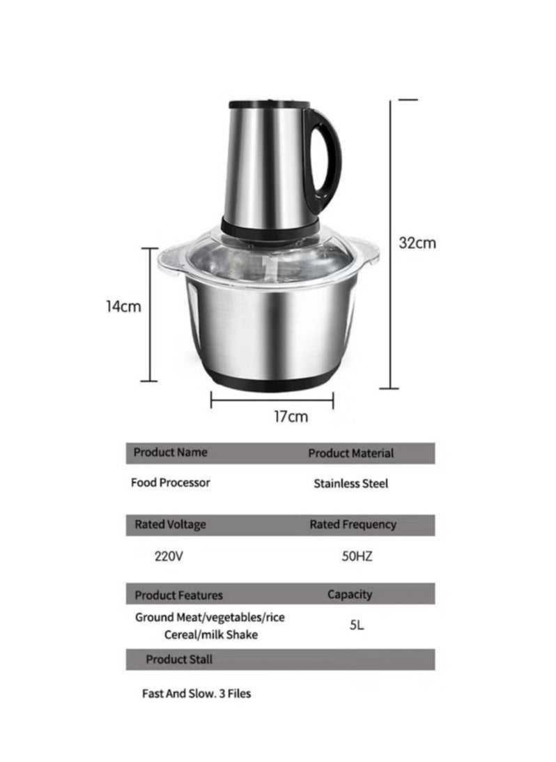 ASIV - Electric Meat Grinder, 5 Liter, 500 Watt Stainless Steel Electric Food Cutter, Meat, Vegetables, Fruits and Nuts Food Processor, 5 Sharp Blades - Image 1